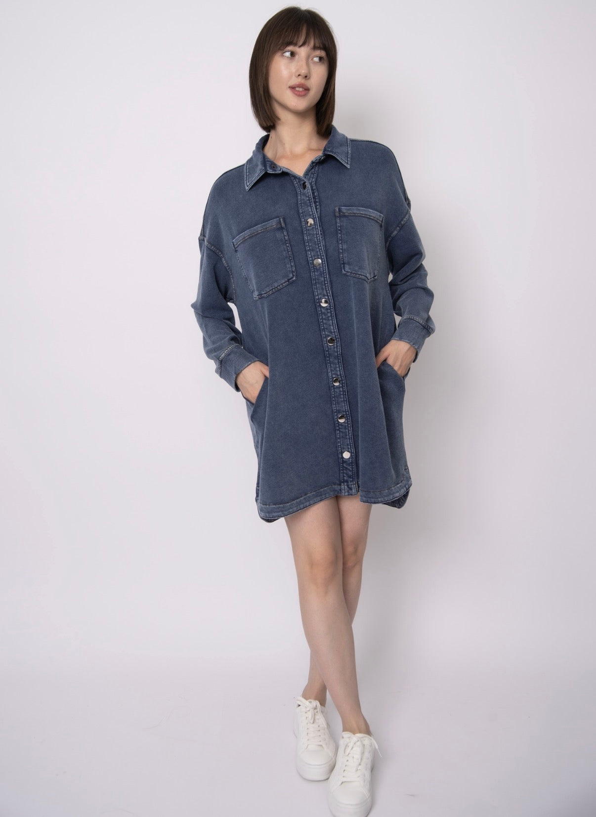 Tiffany Oversized Shirt Dress-M.Blue-Rd Style - Uforia Muse