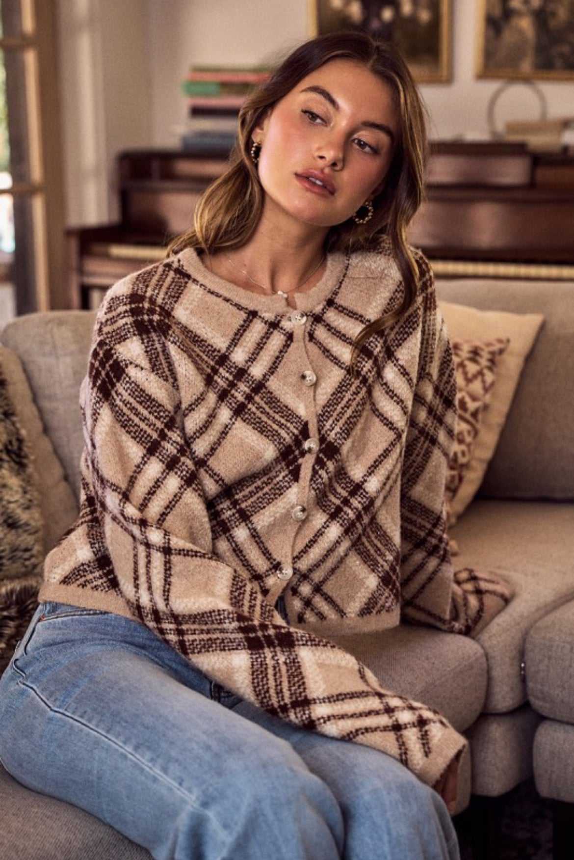 Chocolate Plaid Knit Cardi