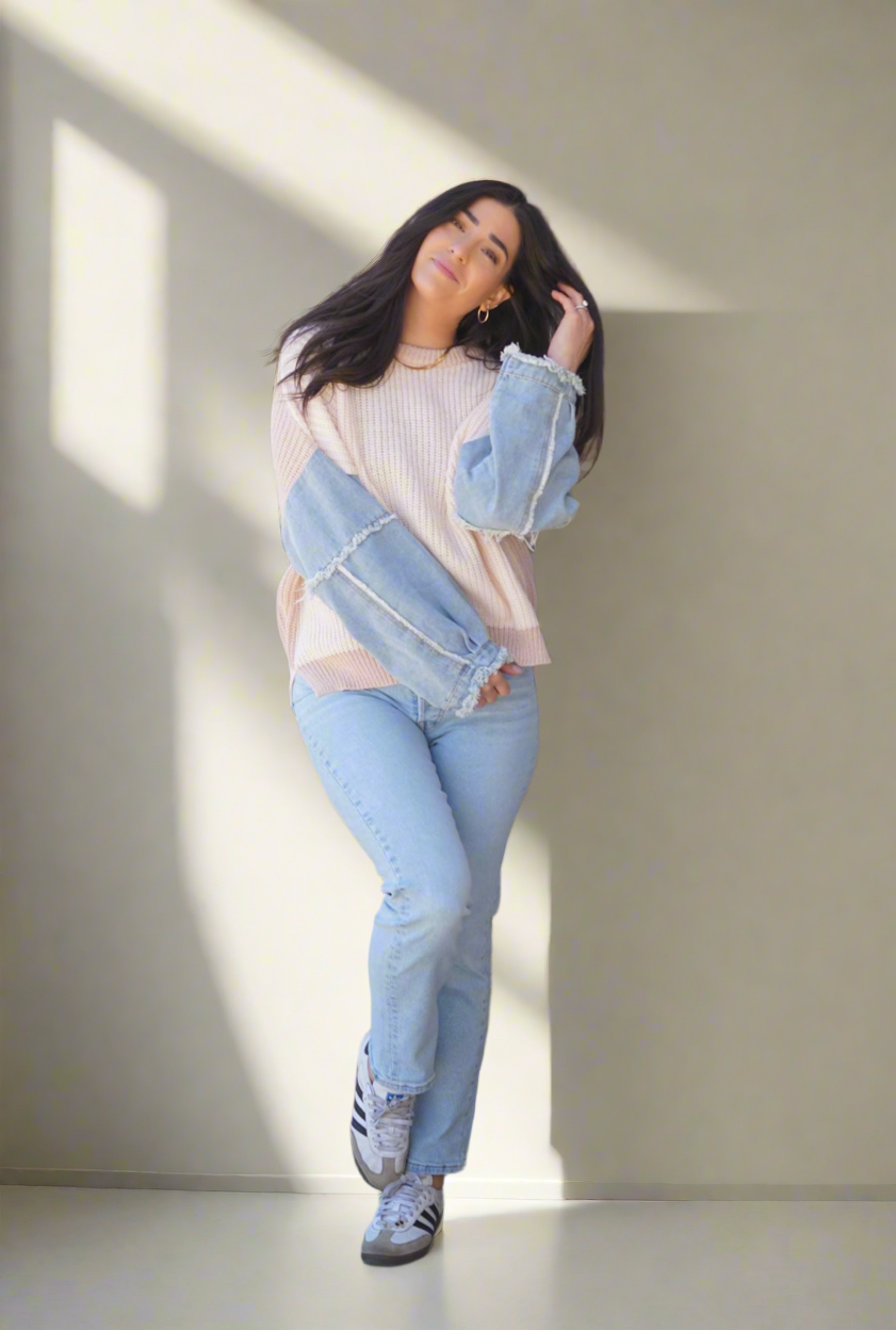 Daisy Denim Sleeve Sweater- Shop Teach