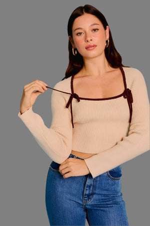 Brown Bows Ribbed Sweater