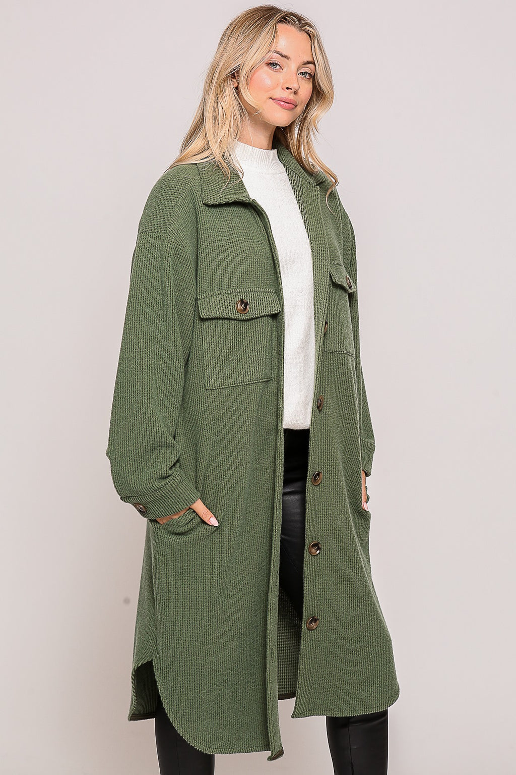 Long Knit Shacket-Olive