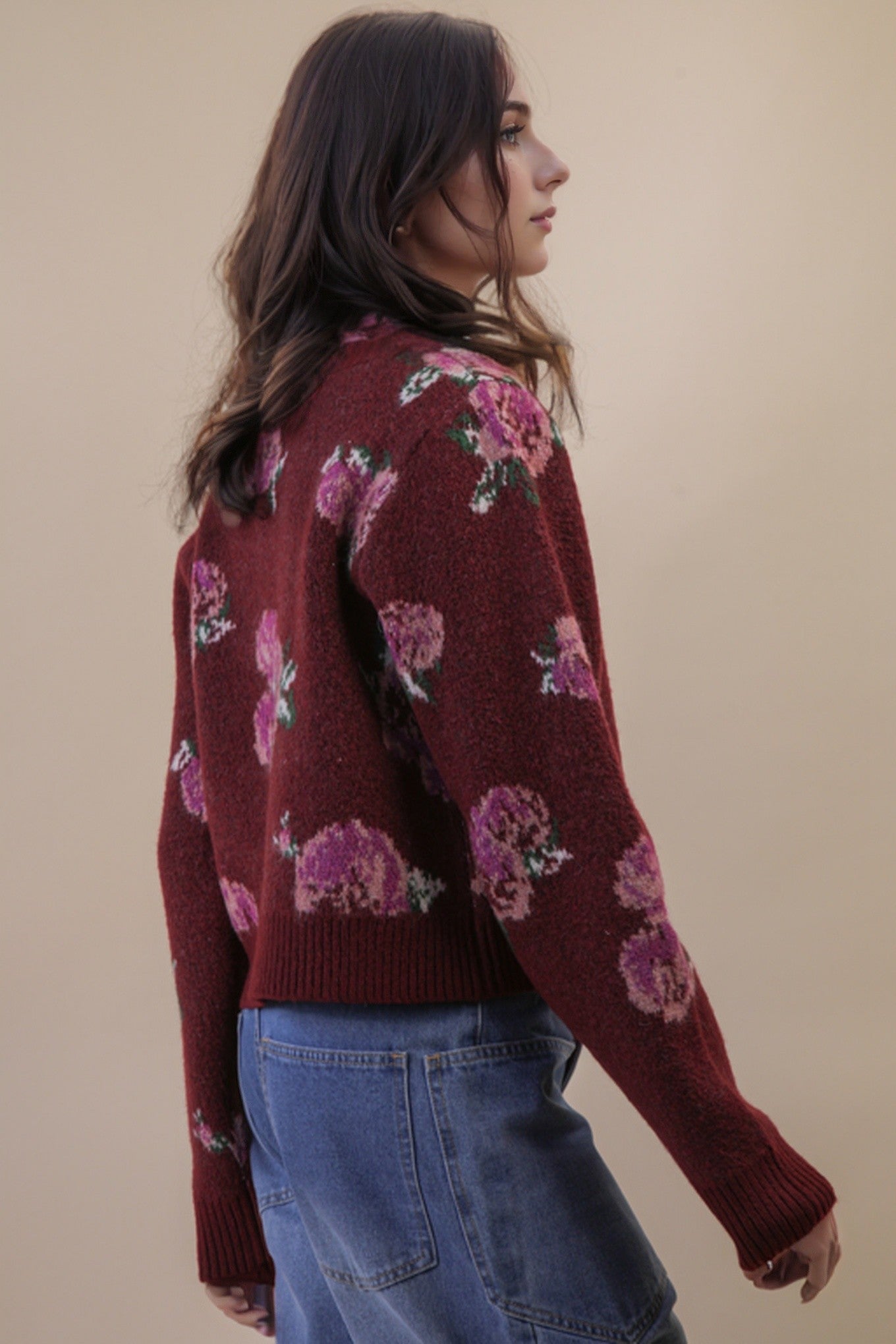 Wine Flower Button Cardigan