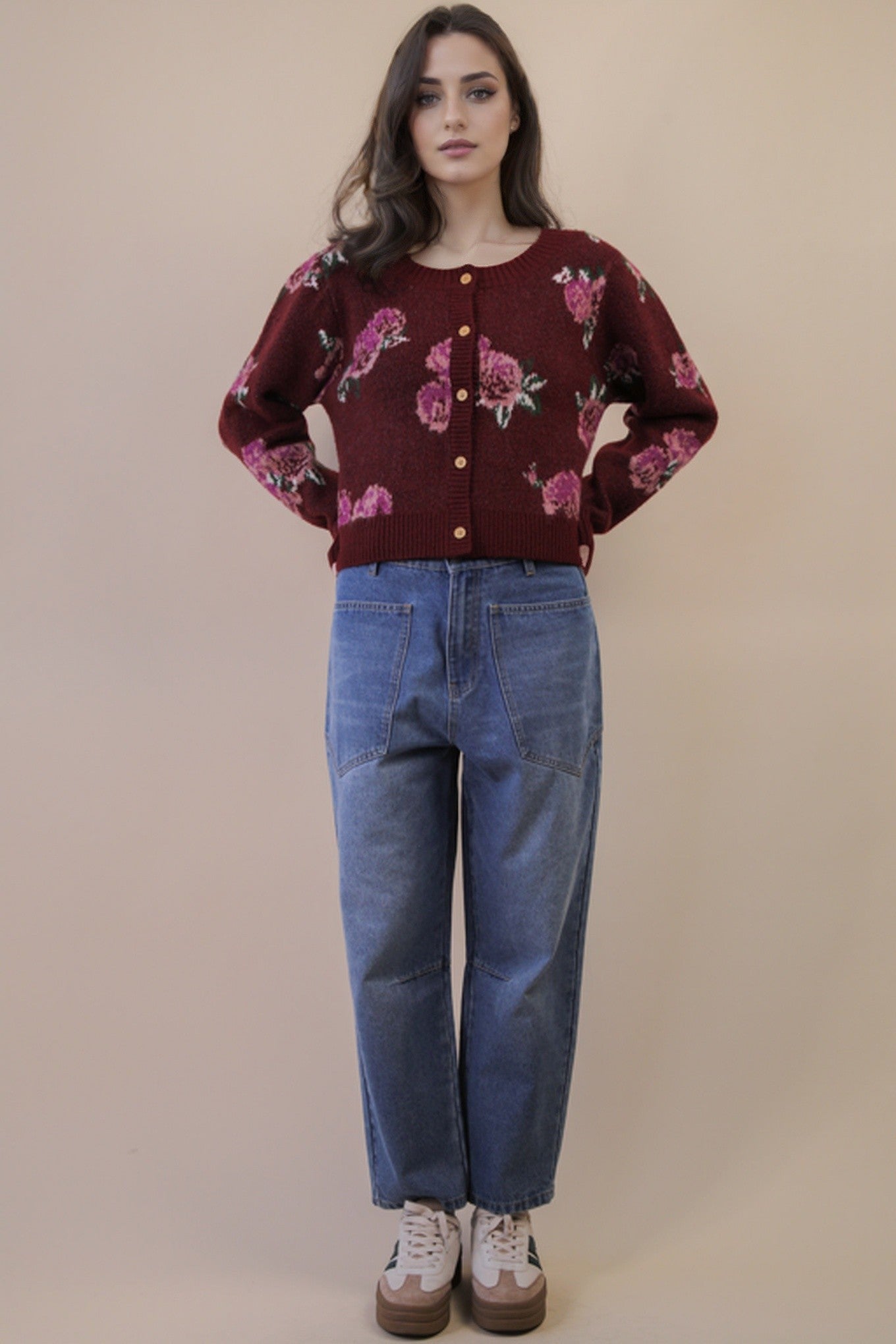 Wine Flower Button Cardigan