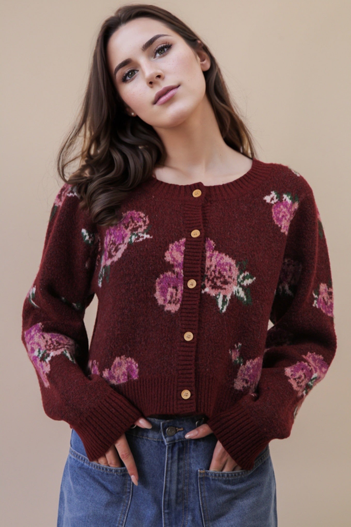 Wine Flower Button Cardigan