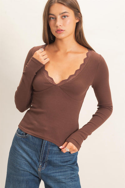 Bea Lace Trip Top- Dark Brown