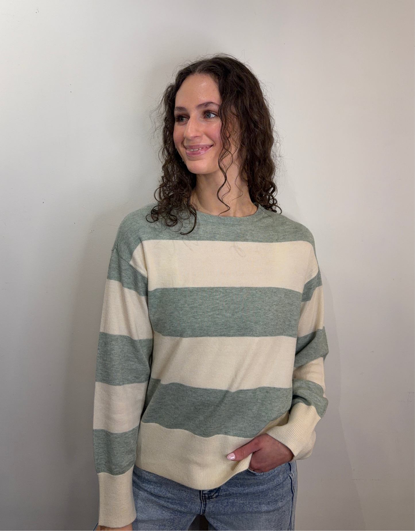 Senta Stripe Pullover-Sage-Only - Uforia Muse 