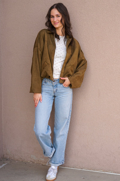 Hazel Faux Suede Bomber-Olive-Vero Moda - Uforia Muse 
