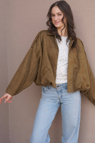 Hazel Faux Suede Bomber-Olive-Vero Moda - Uforia Muse 