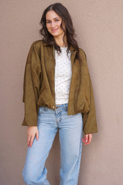 Hazel Faux Suede Bomber-Olive-Vero Moda - Uforia Muse 