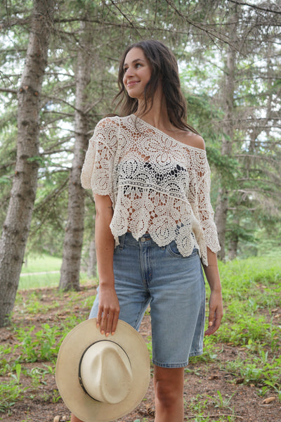 Rodeo Nights Crochet Short Sleeve Top - Uforia Muse 