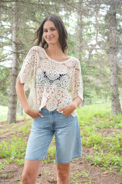 Rodeo Nights Crochet Short Sleeve Top - Uforia Muse 
