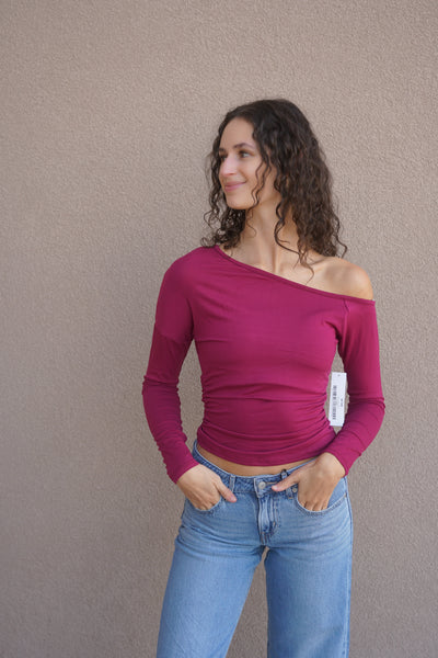 Ruched One Shoulder Top-Olive or Maroon Plum