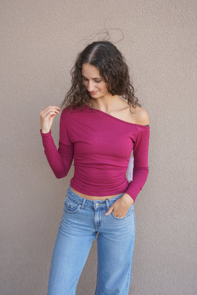 Ruched One Shoulder Top-Olive or Maroon Plum