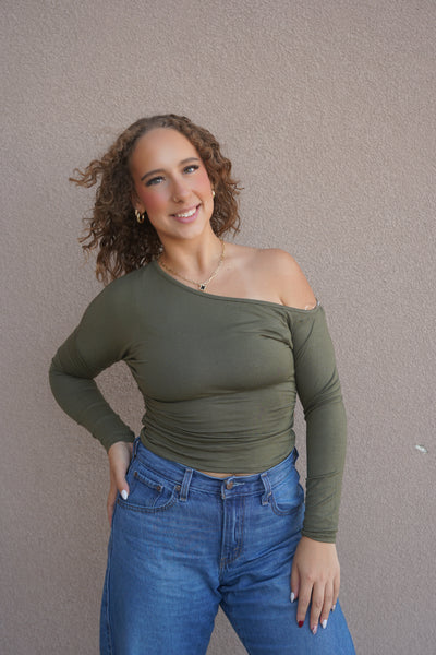 Ruched One Shoulder Top-Olive or Maroon Plum