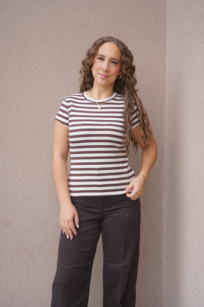 Espresso Stripe Ribbed Tee- Brunette The Label