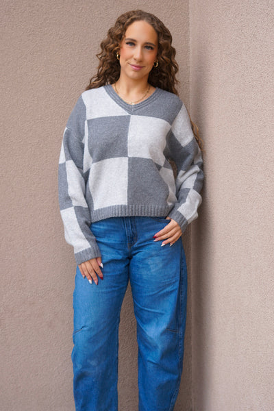Check V-Neck Sweater-Dex