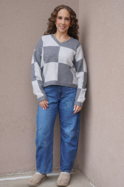 Check V-Neck Sweater-Dex