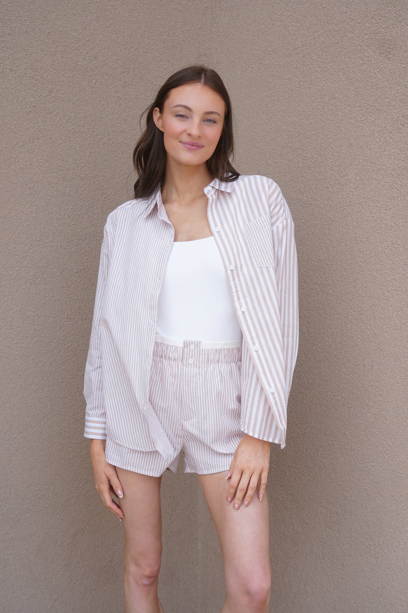 Braylen Striped Shorts-Taupe