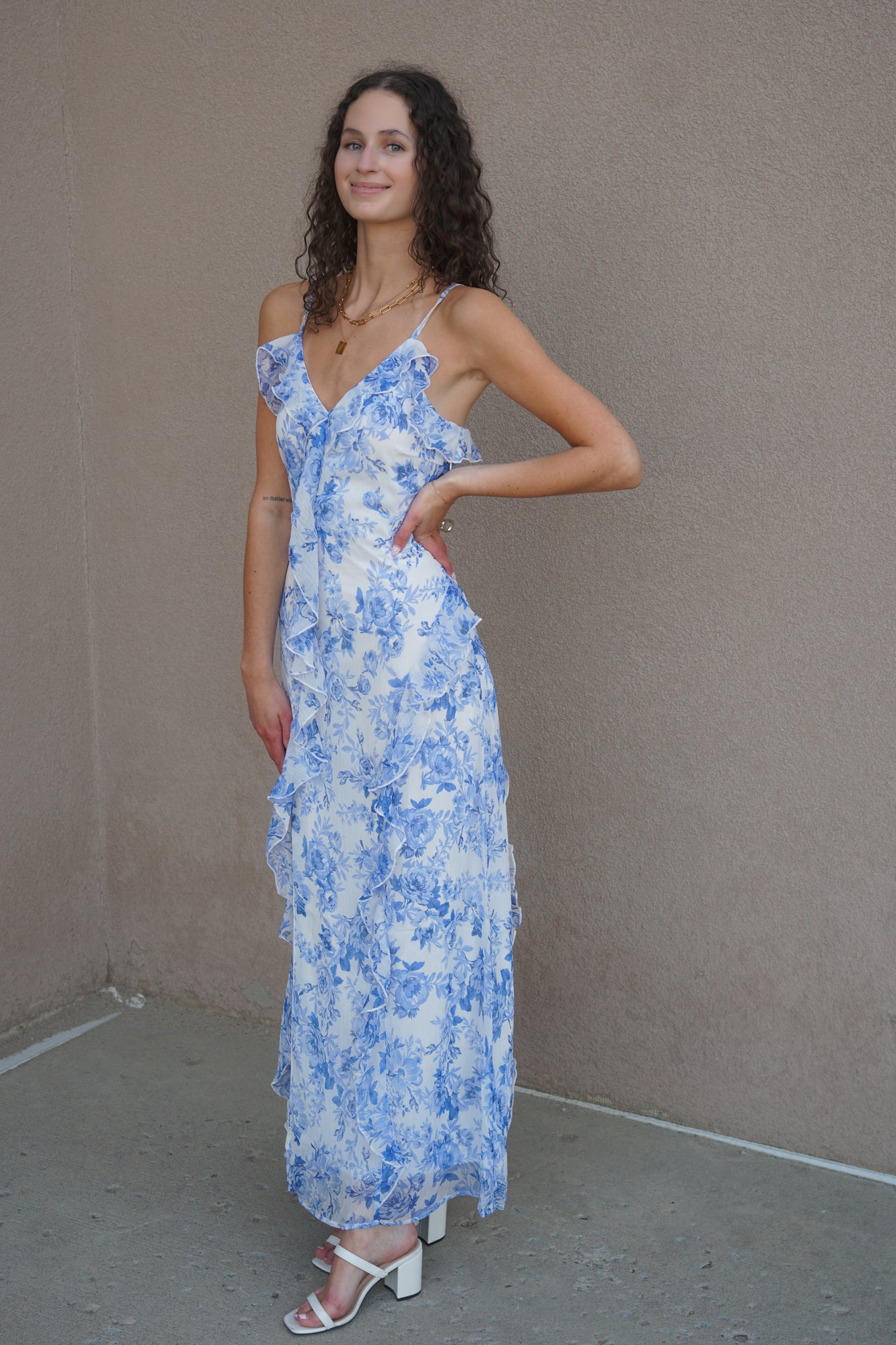 Miriam Frill Long Dress - Porcelain Flowers