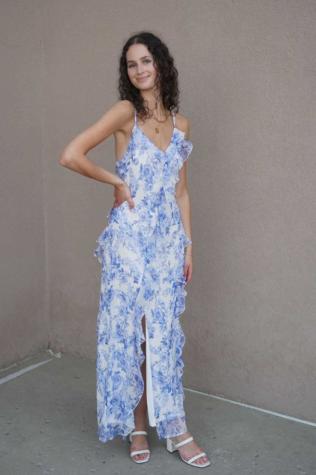 Miriam Frill Long Dress - Porcelain Flowers