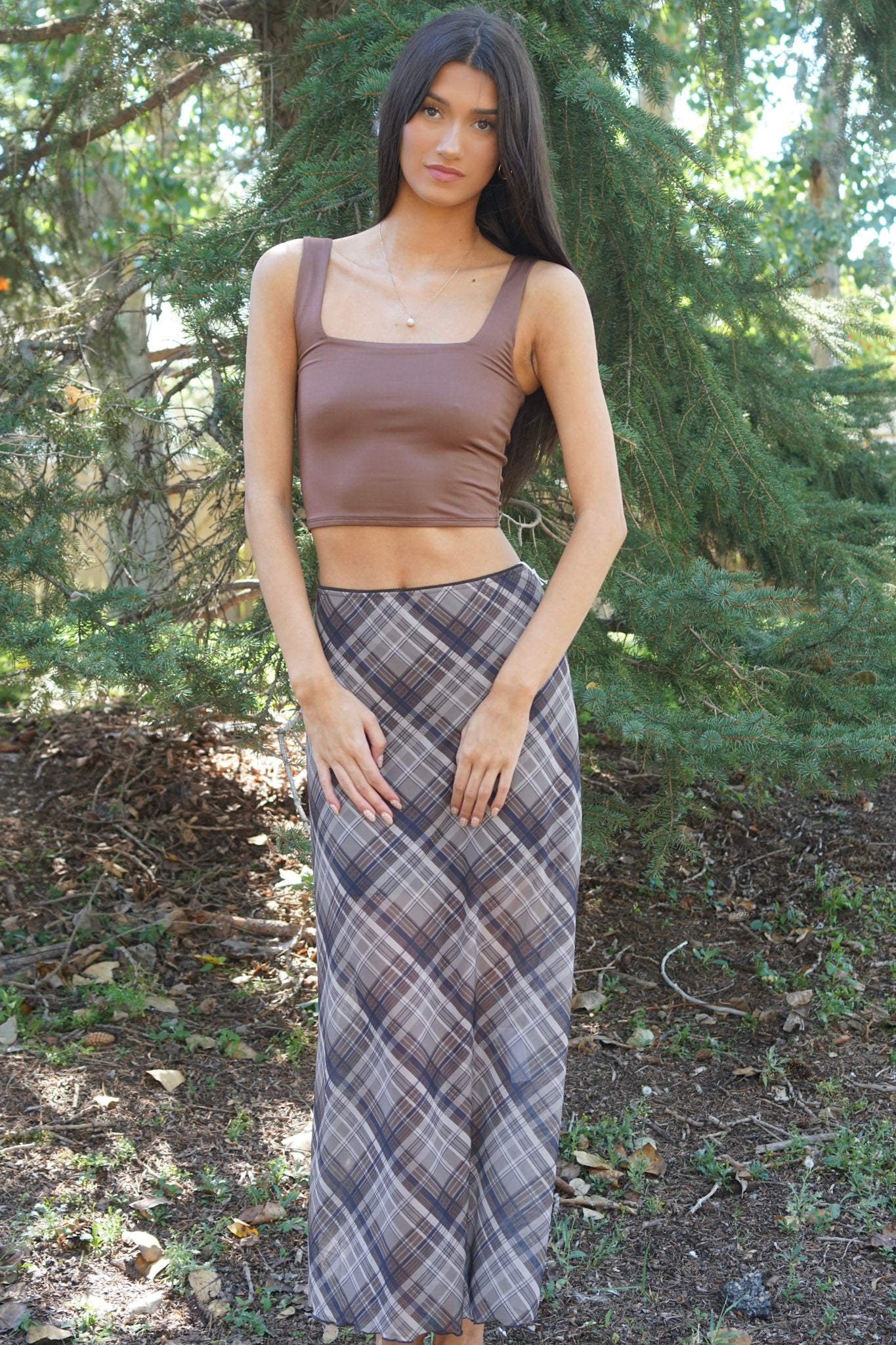 Neutral Plaid Long Skirt- Dex