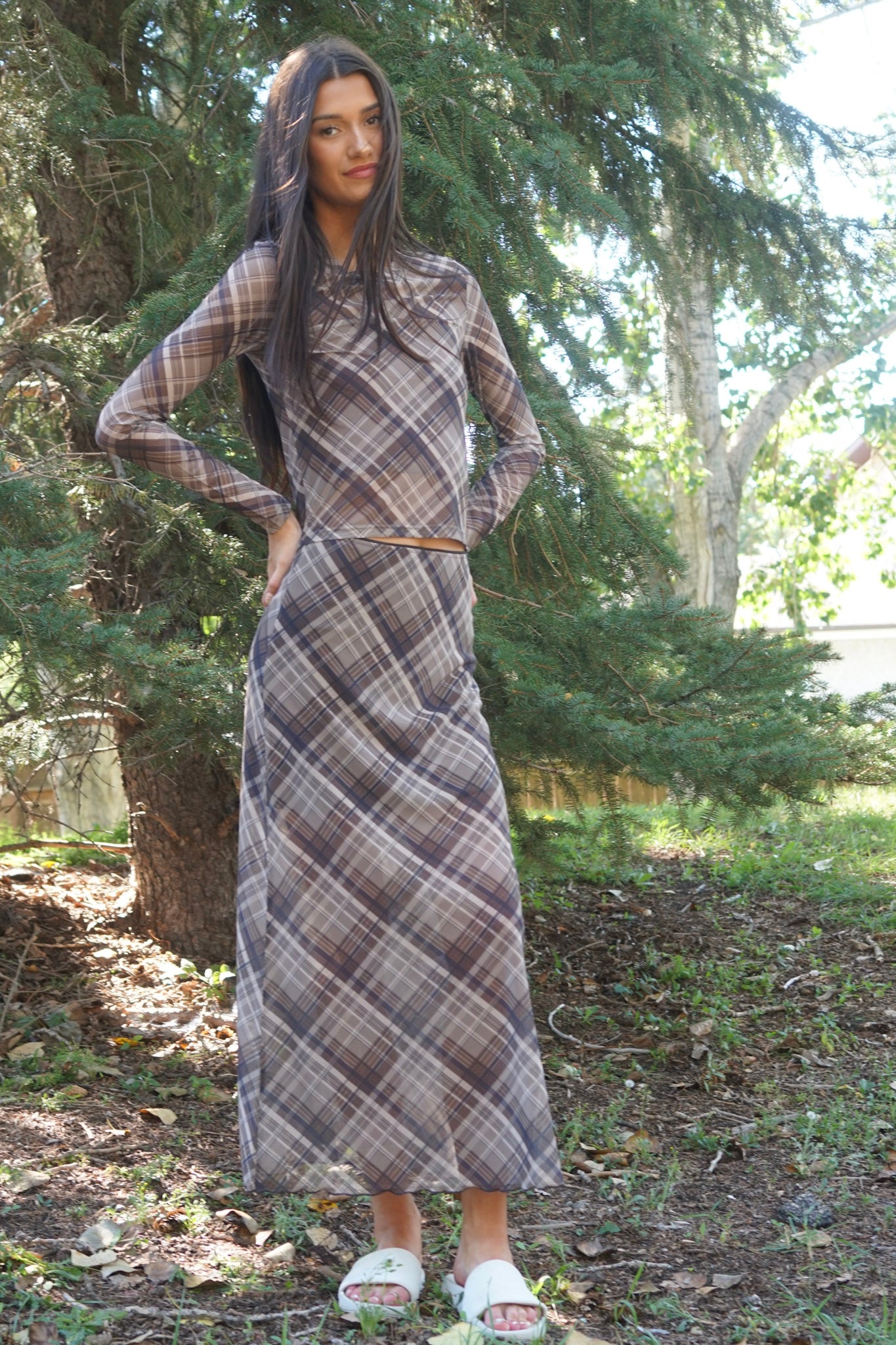 Neutral Plaid Long Skirt- Dex