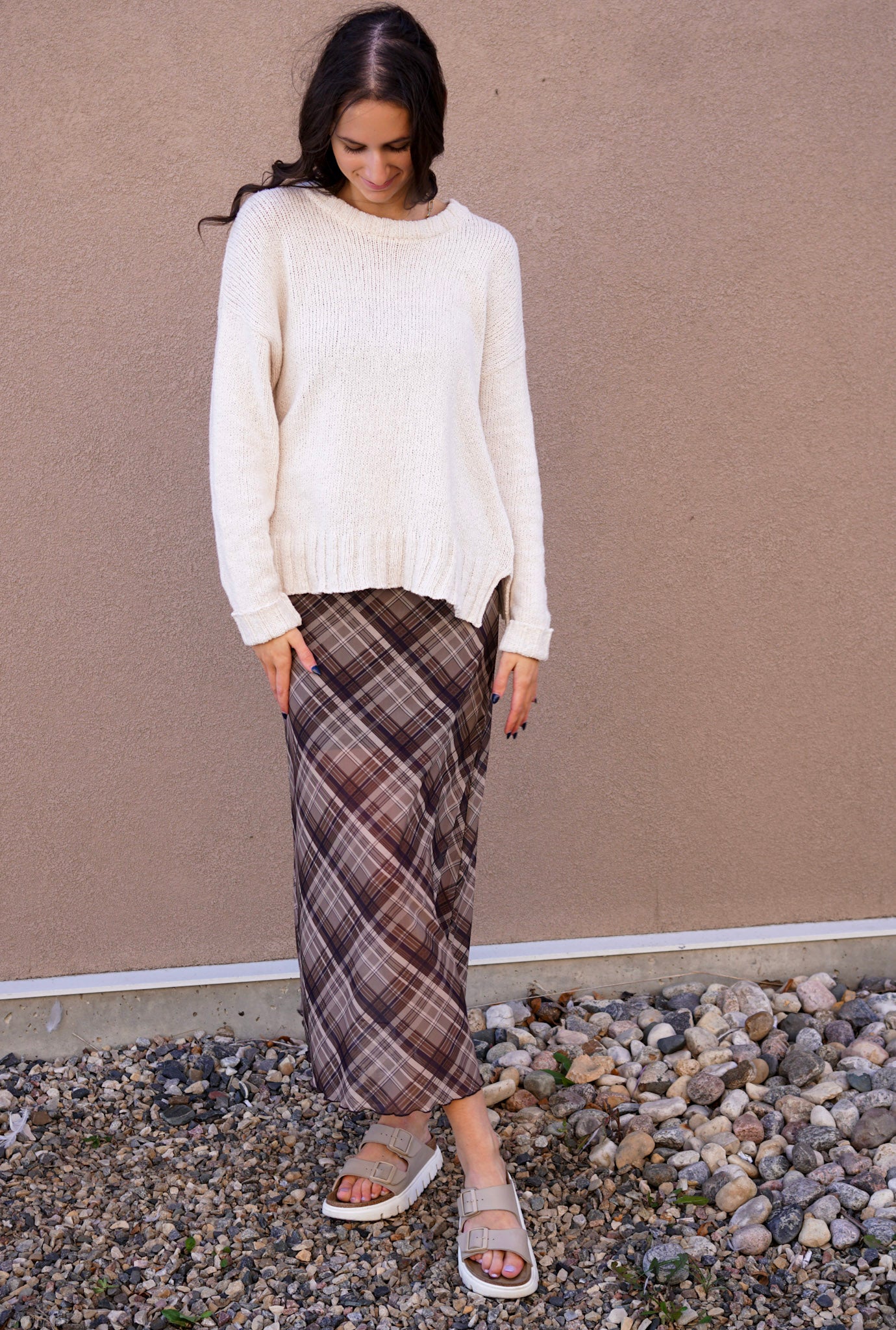 Neutral Plaid Long Skirt- Dex