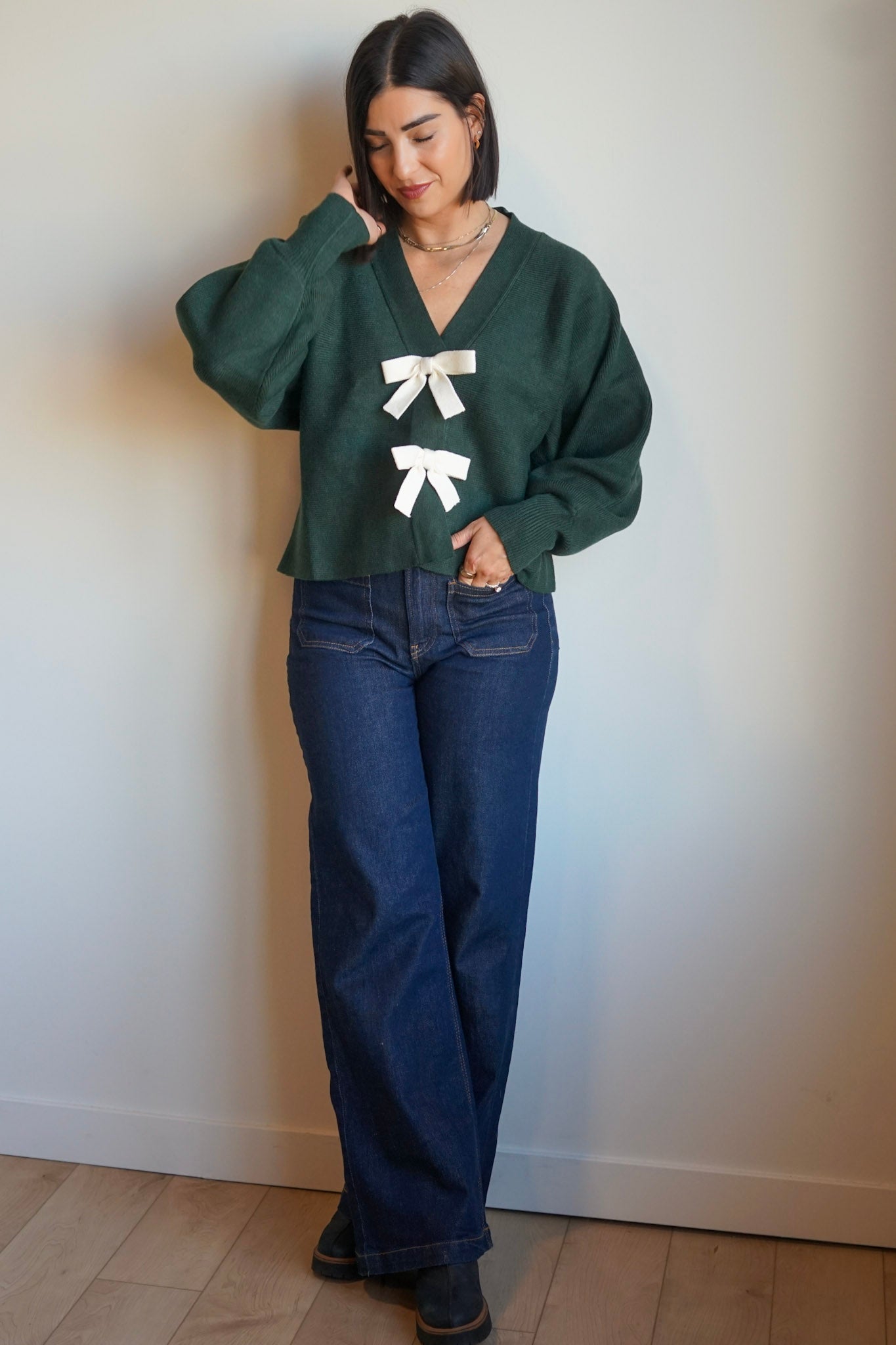 Bows Cardi-Evergreen-Shop Teach