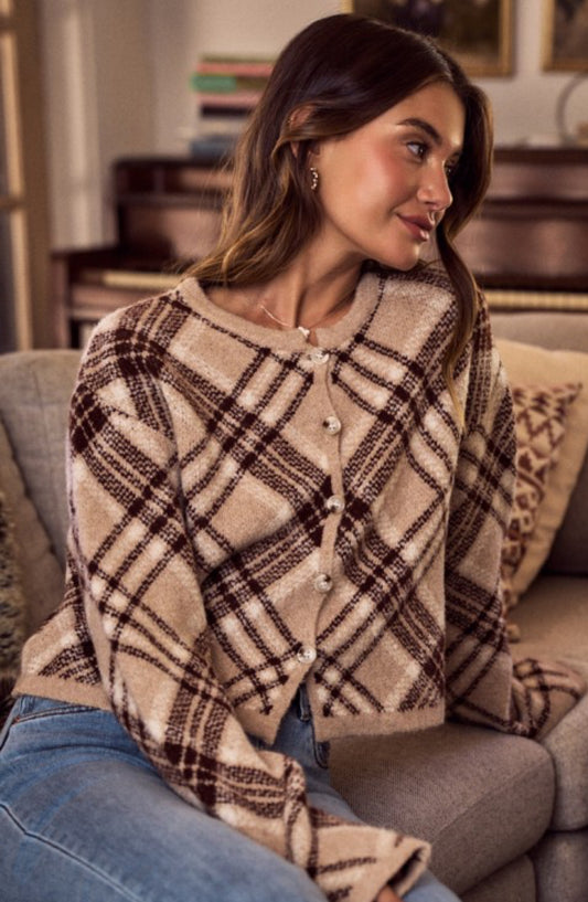 Chocolate Plaid Knit Cardi