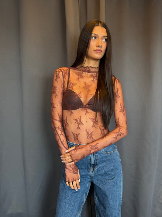 Amelie Lace Highneck Top-Brown