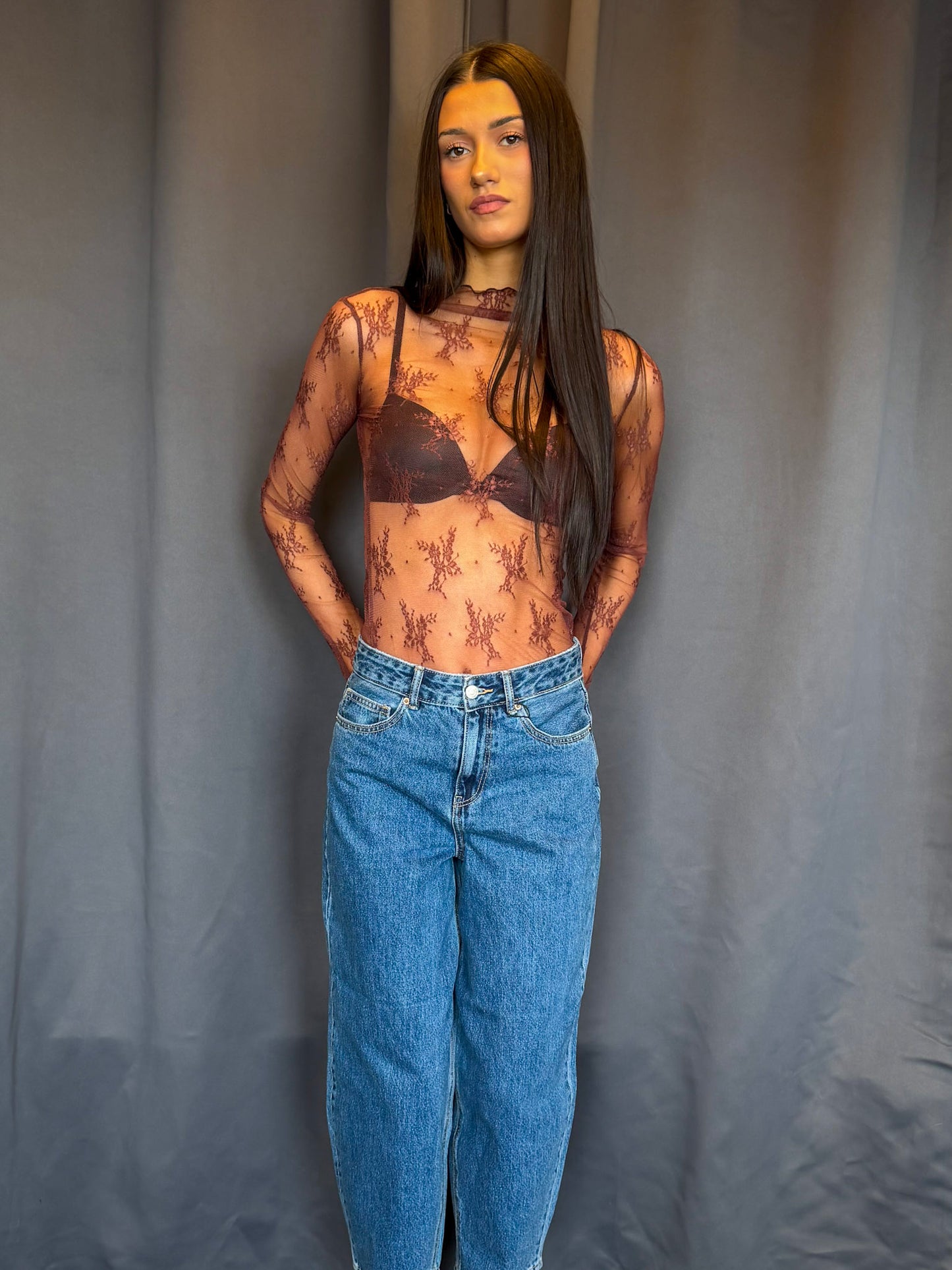 Amelie Lace Highneck Top-Brown