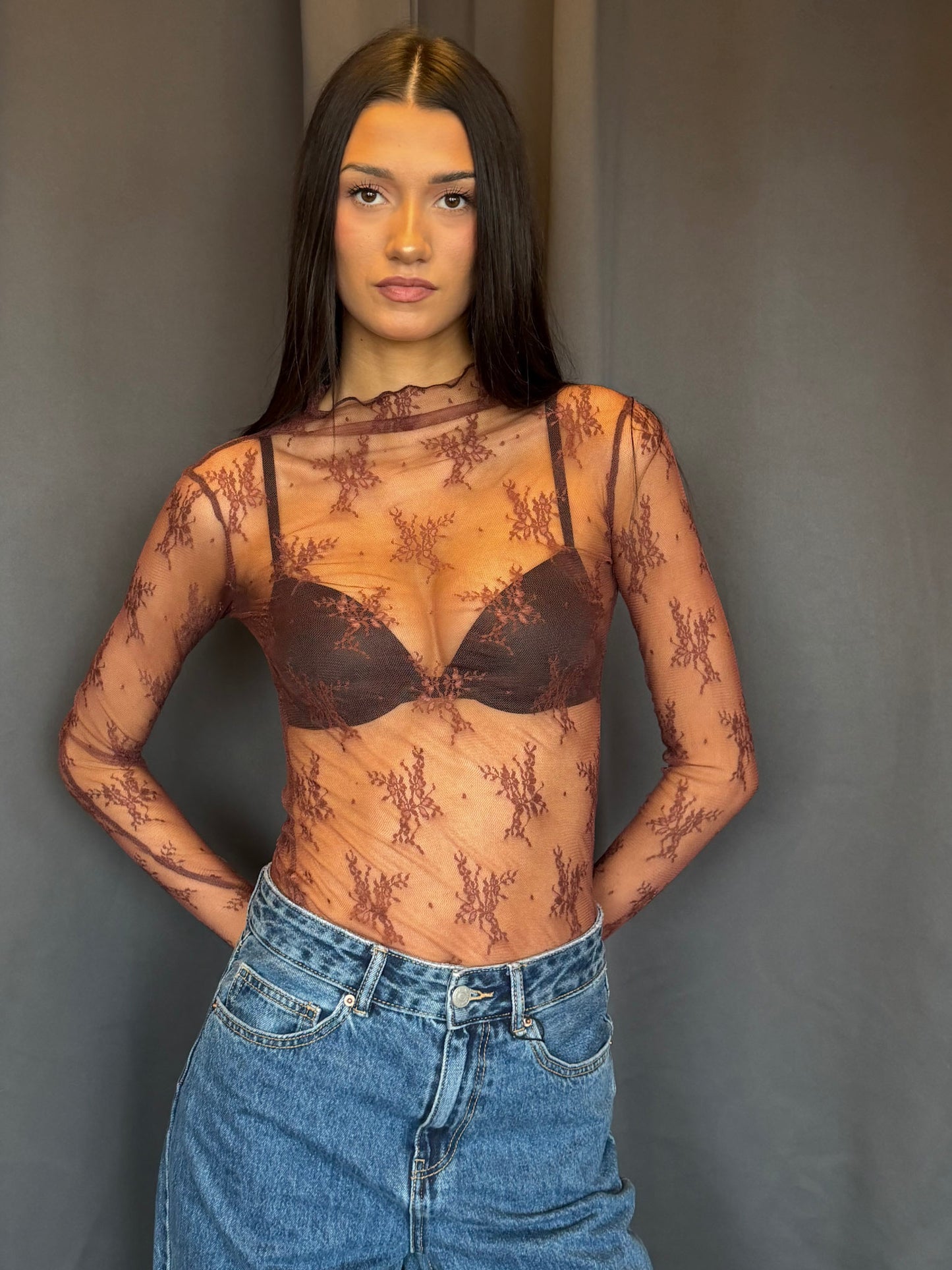 Amelie Lace Highneck Top-Brown