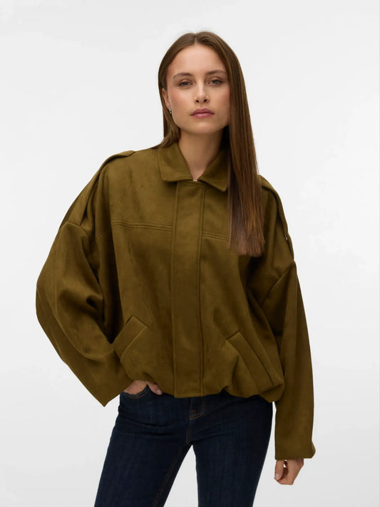Hazel Faux Suede Bomber-Olive-Vero Moda - Uforia Muse 
