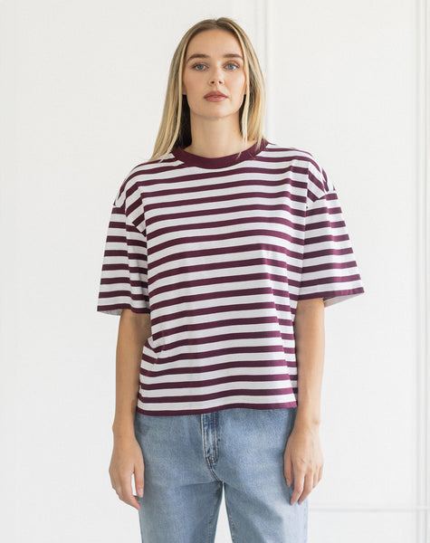 Boxy Tee- Plum Stripe- Brunette The Label - Uforia Muse 