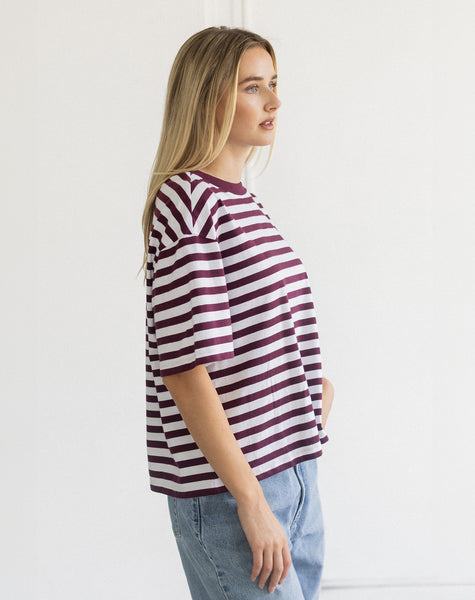 Boxy Tee- Plum Stripe- Brunette The Label - Uforia Muse 