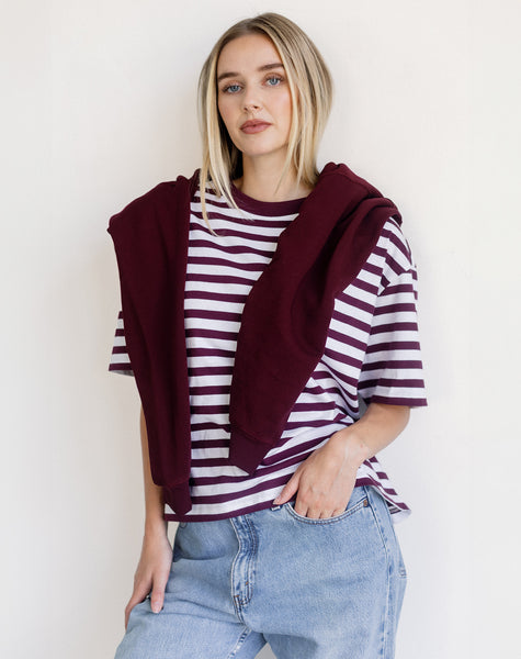 Boxy Tee- Plum Stripe- Brunette The Label - Uforia Muse 