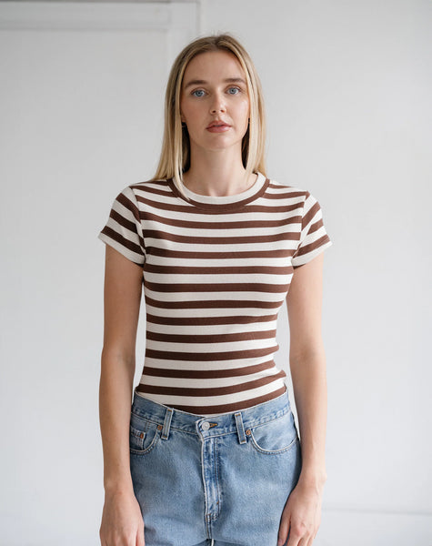 Espresso Stripe Ribbed Tee- Brunette The Label