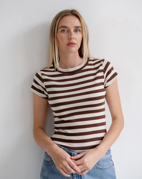 Espresso Stripe Ribbed Tee- Brunette The Label
