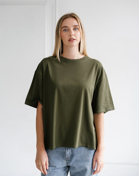 Boxy Tee- Chive- Brunette The Label