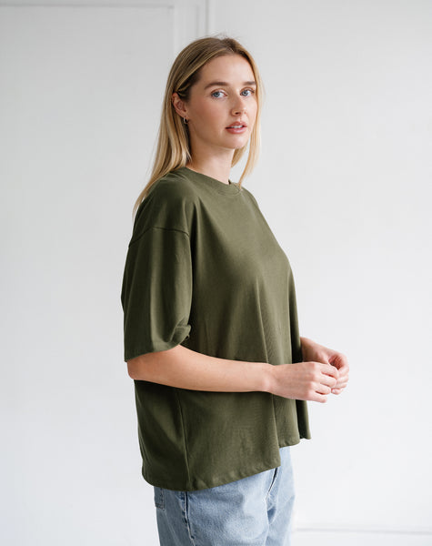 Boxy Tee- Chive- Brunette The Label