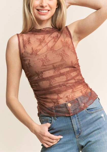 Wildflower Lace Sleeveless Top- Brown - Uforia Muse 