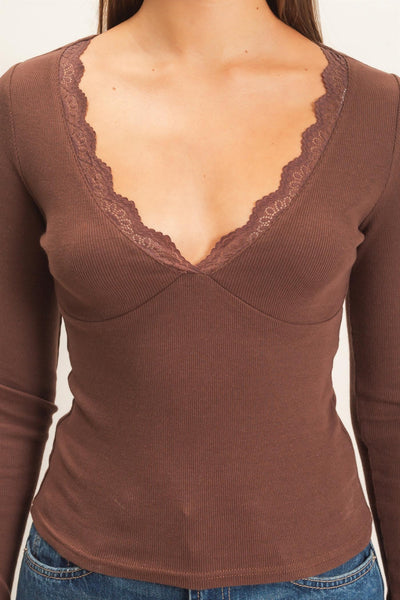 Bea Lace Trip Top- Dark Brown