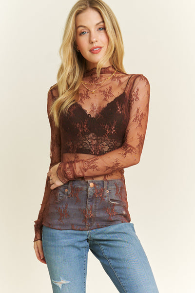 Amelie Lace Highneck Top-Brown - Uforia Muse 