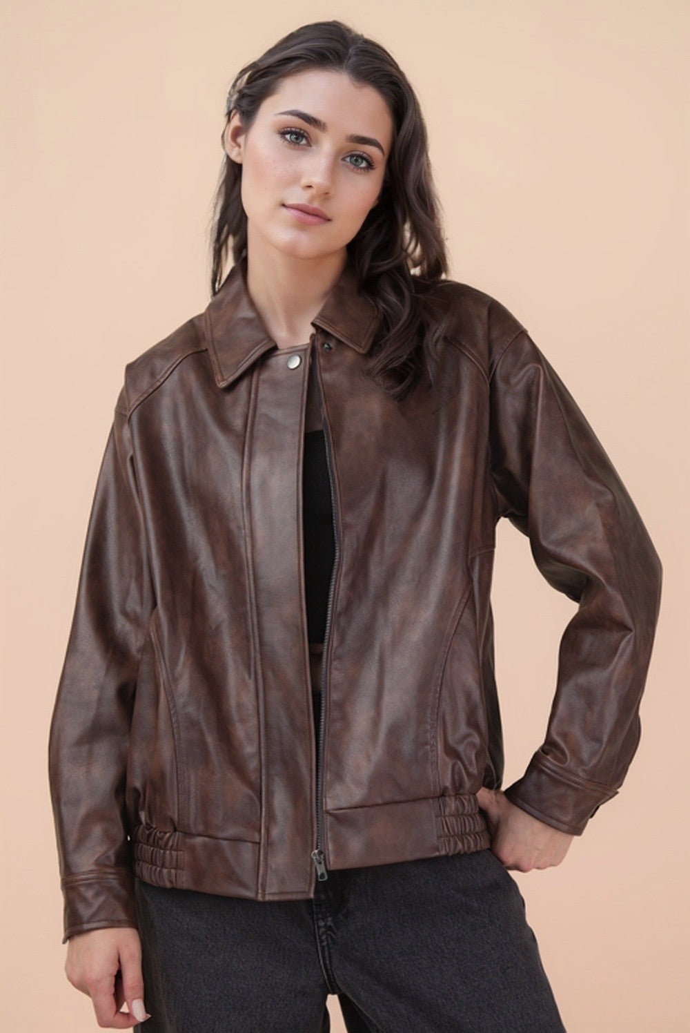 Chocolate Vegan Leather Bomber
