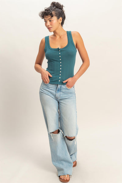 Pointelle Scoop Tank-Dark Teal