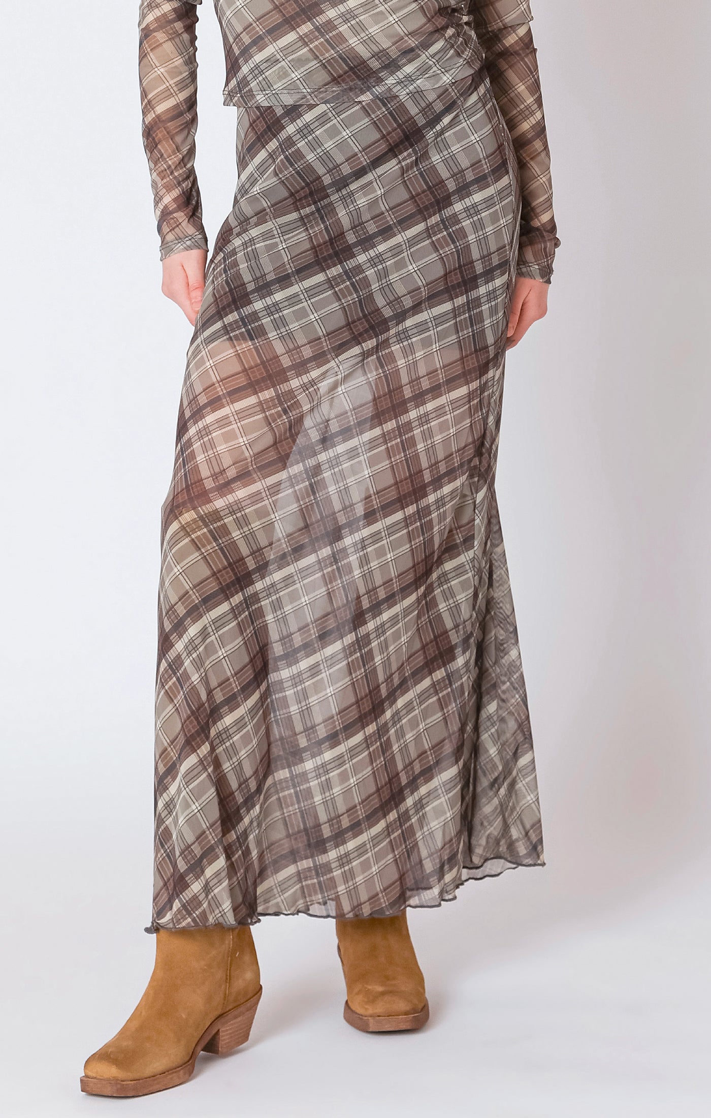 Neutral Plaid Long Skirt- Dex