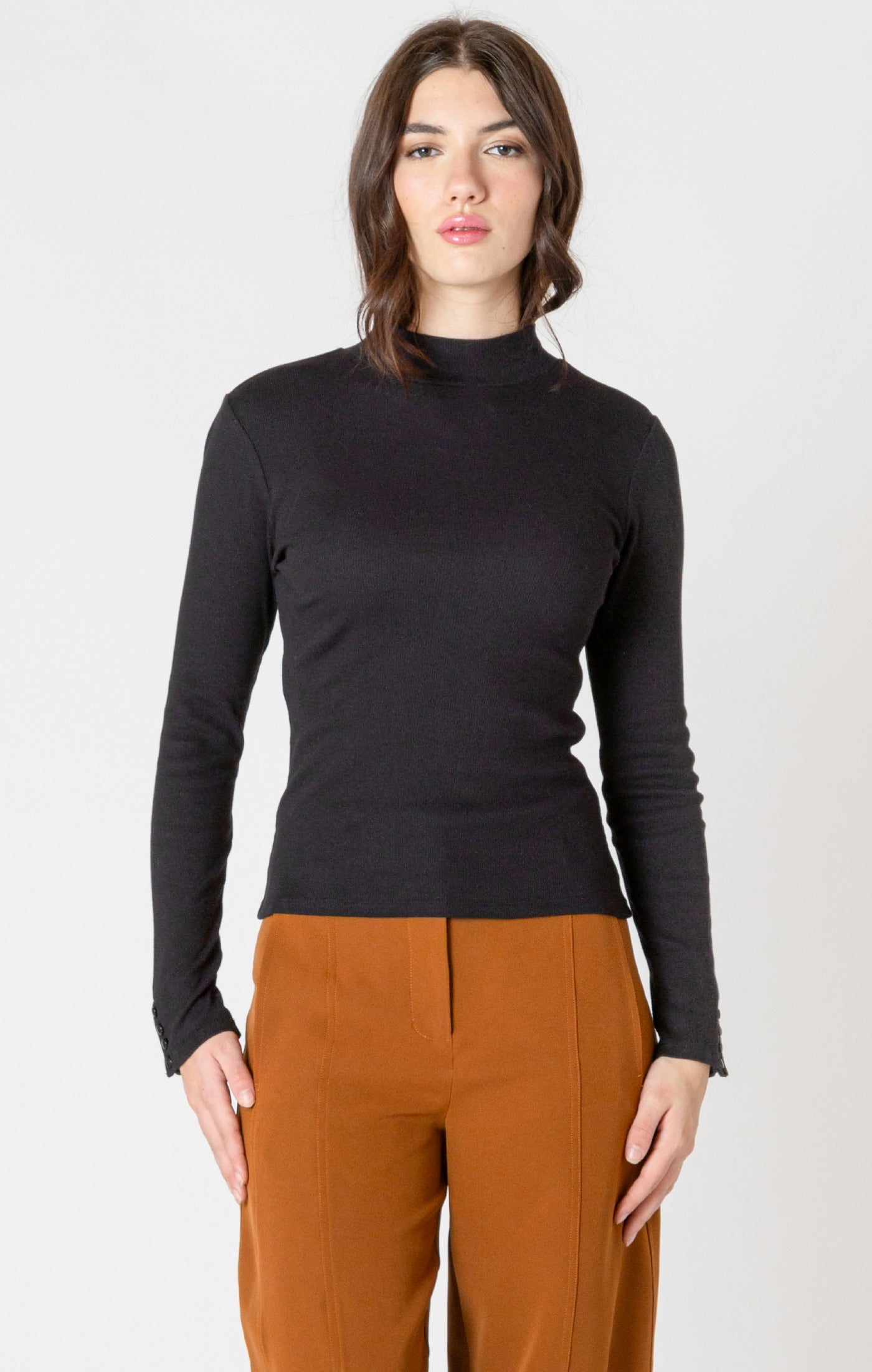 Becca Rib Mockneck Top-Black Tape
