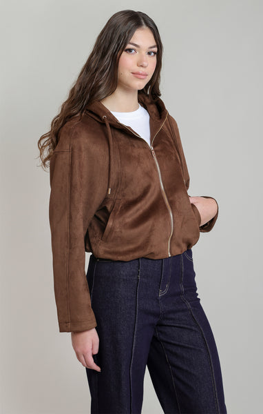 Danica Faux Suede Hooded Bomber- Dex
