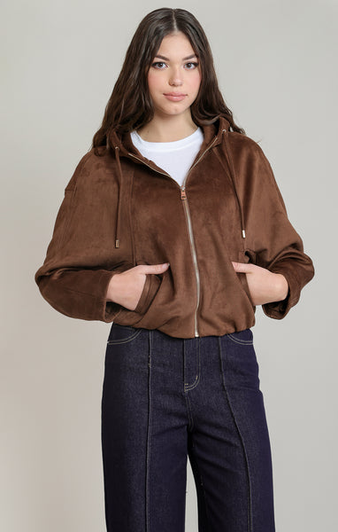 Danica Faux Suede Hooded Bomber- Dex