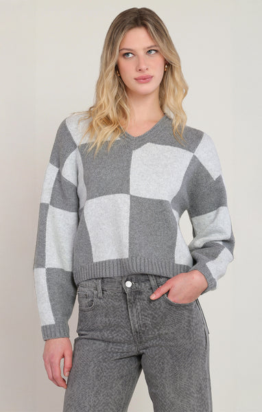 Check V-Neck Sweater-Dex